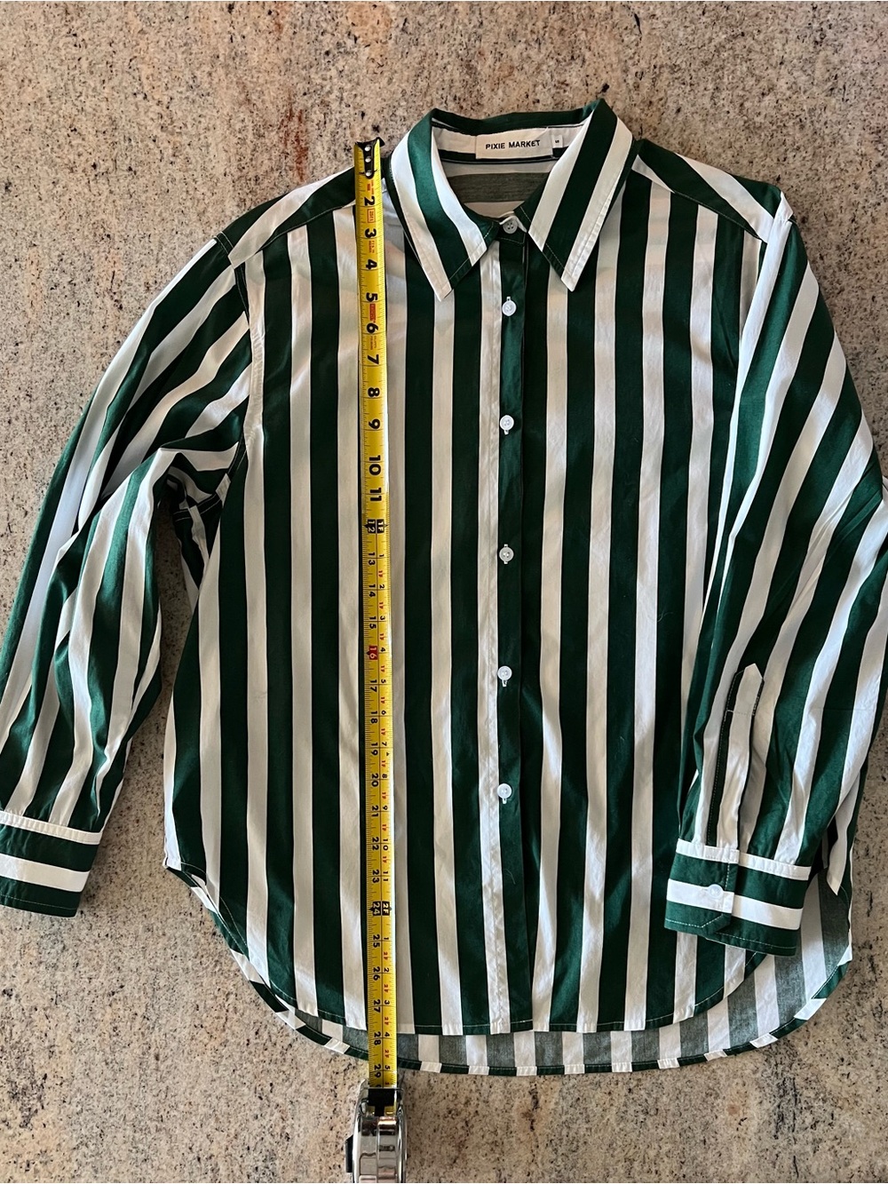Pixie Market Green and White Striped Button-Down Shirt